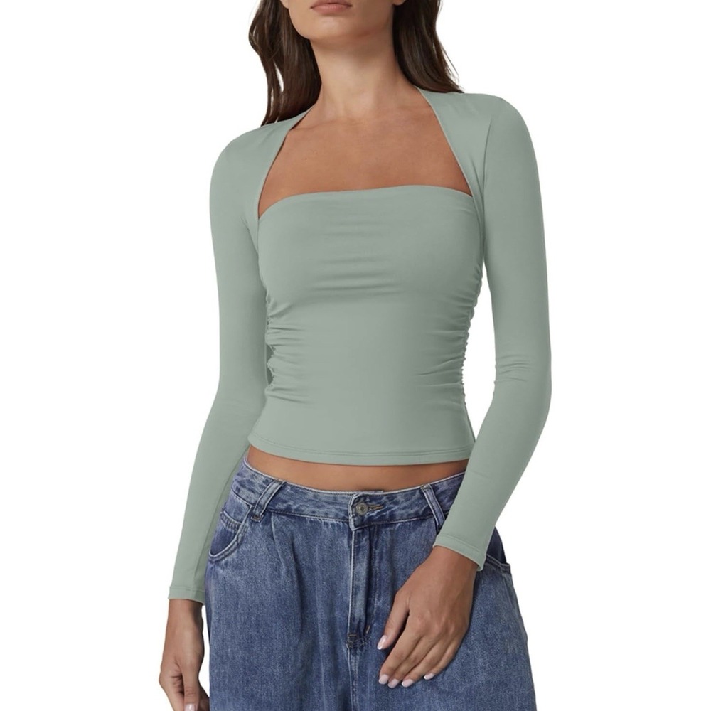 J0178-Sage Green Layered Long Sleeve Ruched Square Neck Top Bandeau Style